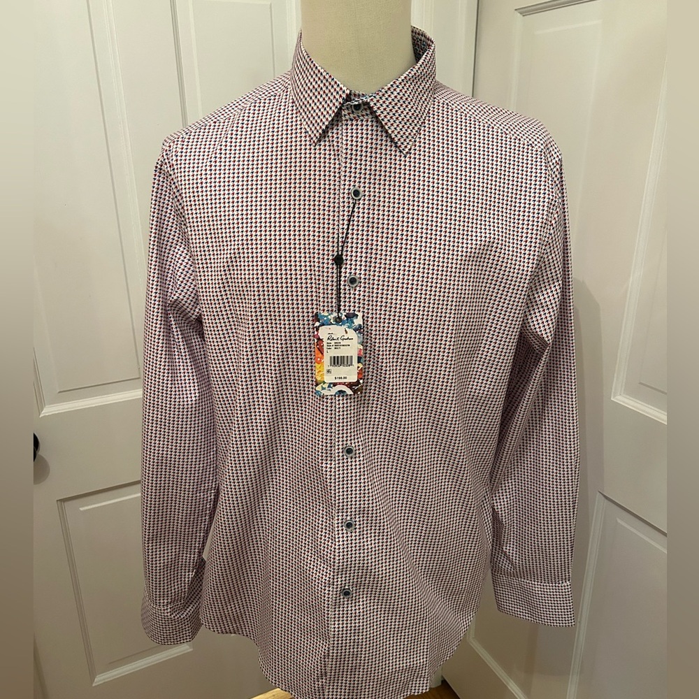 ROBERT GRAHAM NWT Breen Geometric Flip Cuff Button Down Shirt L‎ White Red Blue - Picture 4 of 13